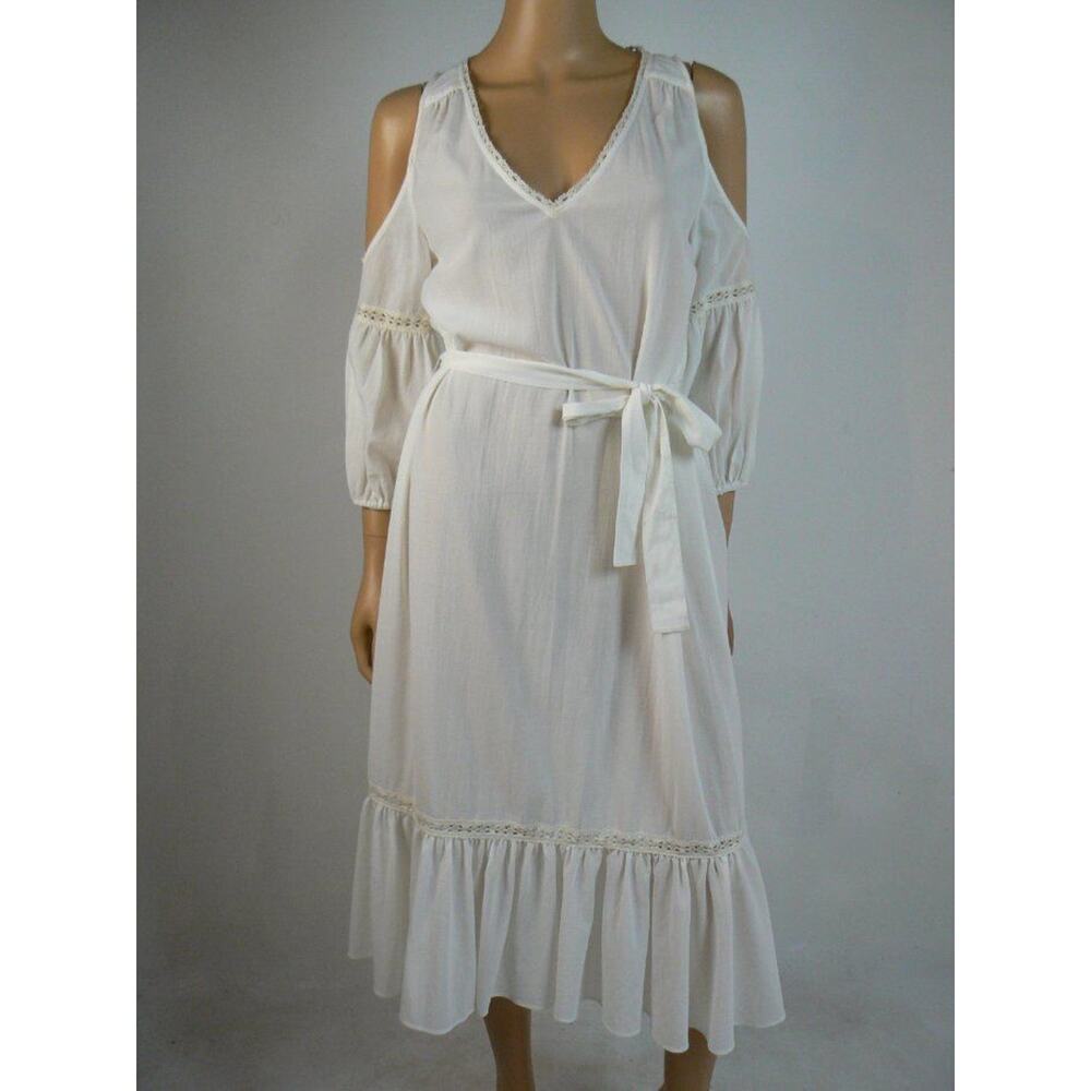Trina Turk Ivory Vneck Lace Trim Tiered Hem Midi Shift Dress w/Belt Small NEW